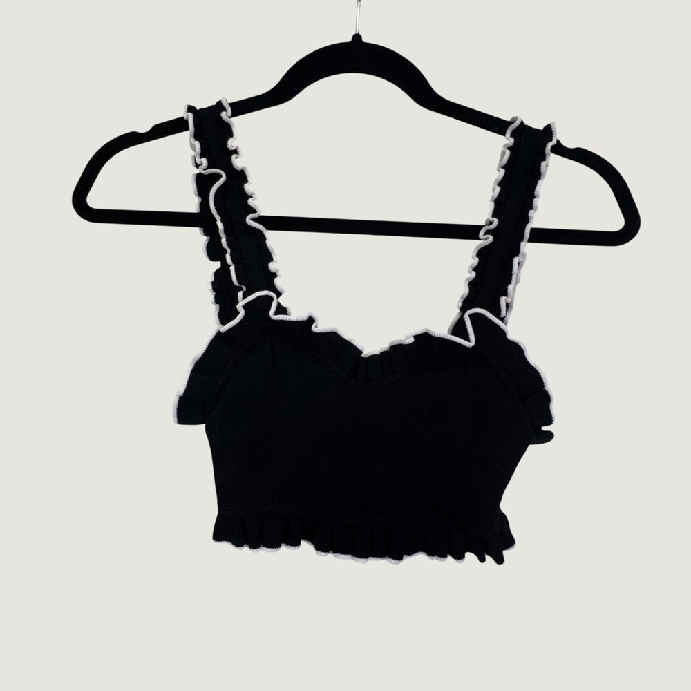 Ronny Kobo Ruffle Knit Crop Top XS Black White‎ Coquette Balletcore Camisole